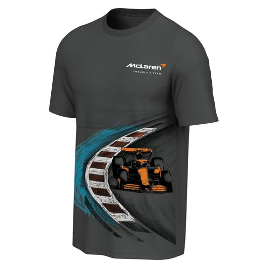 Gray t-shirt with McLaren Formula 1 Team logo and race car graphic on a white background